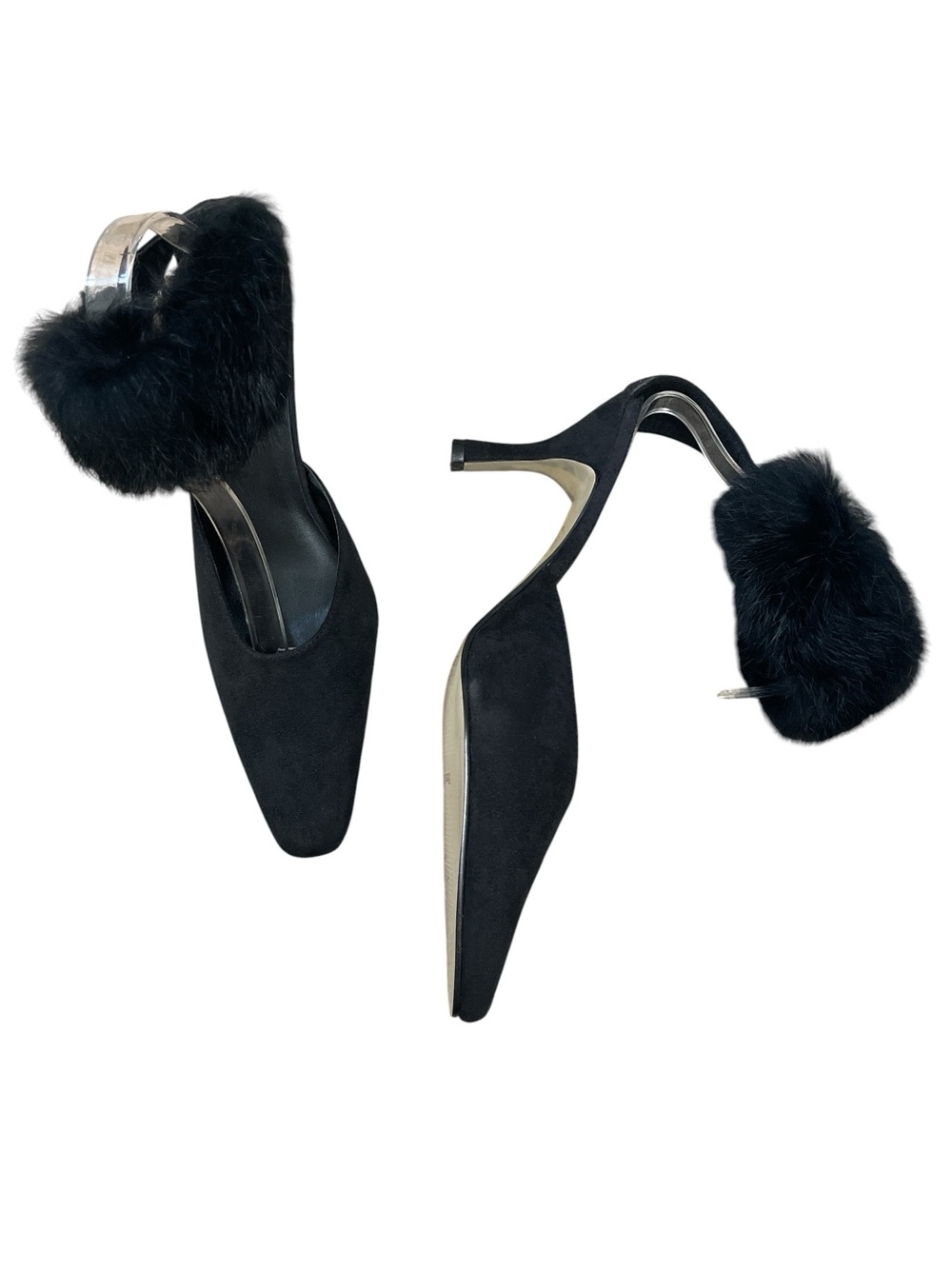 Vintage 90s Y2K Pierre Dumas Black Faux Suede Fur Ankle Strap Mid Heel